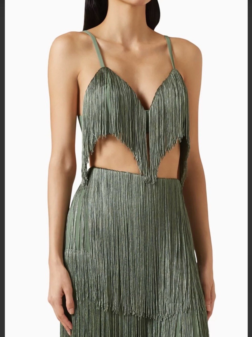 Andrea Iyamah Olive Green Fringe Cutout Pants Set